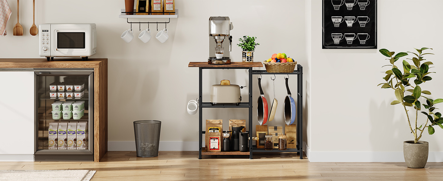 HOOBRO Baker's Rack, Kitchen Storage Rack, Microwave Stand Kitchen Island with 6 Hooks, 5 Shelves Industrial Standing Coffee Bar Station, Rustic Brown and Black
