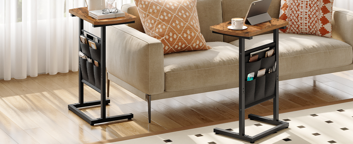 C-Shaped End Table, Small Sofa Side Table with Storage Bag, Sturdy Metal and Engineered Wood Frame, Suitable for Living Room, Bedroom, Hallway, Rustic Brown & Black