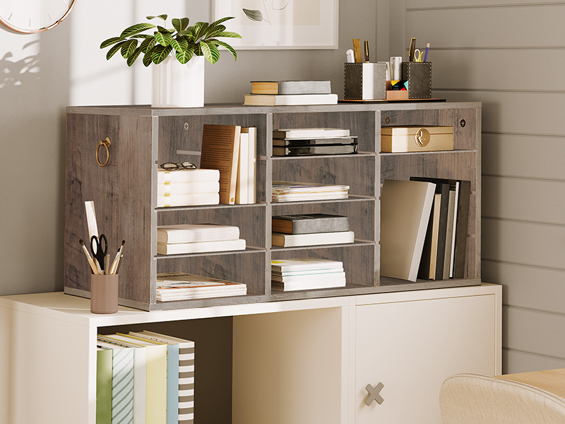 Grey 12-Compartment Wooden Countertop Mail Sorter, Desktop Document Organizer for Office, Domov & Třída