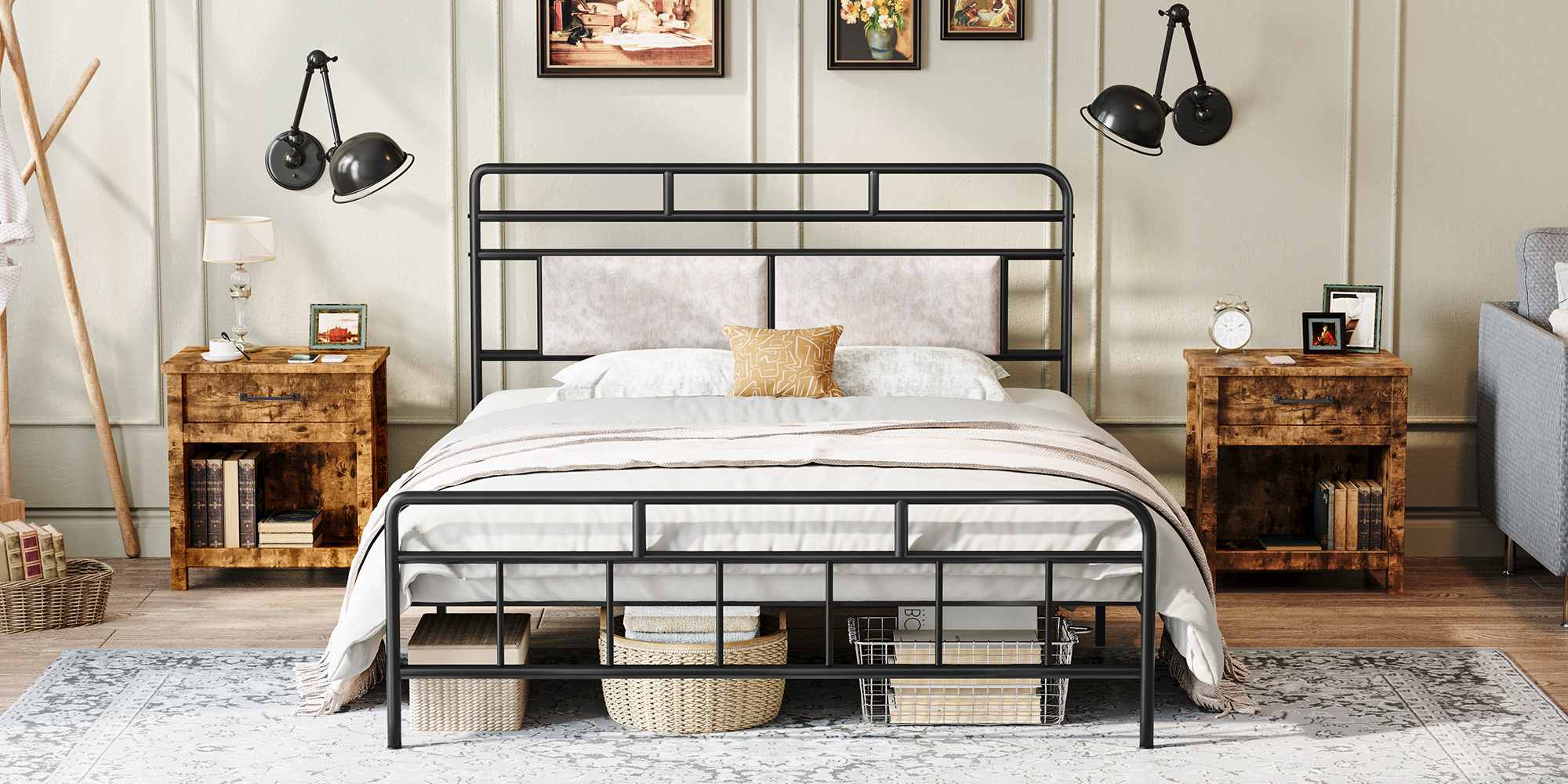 Full Size Heavy-Duty Black Metal Bed Frame with Upholstered Headboard, Soundless Structure, Δεν απαιτείται ελατήριο κουτιού