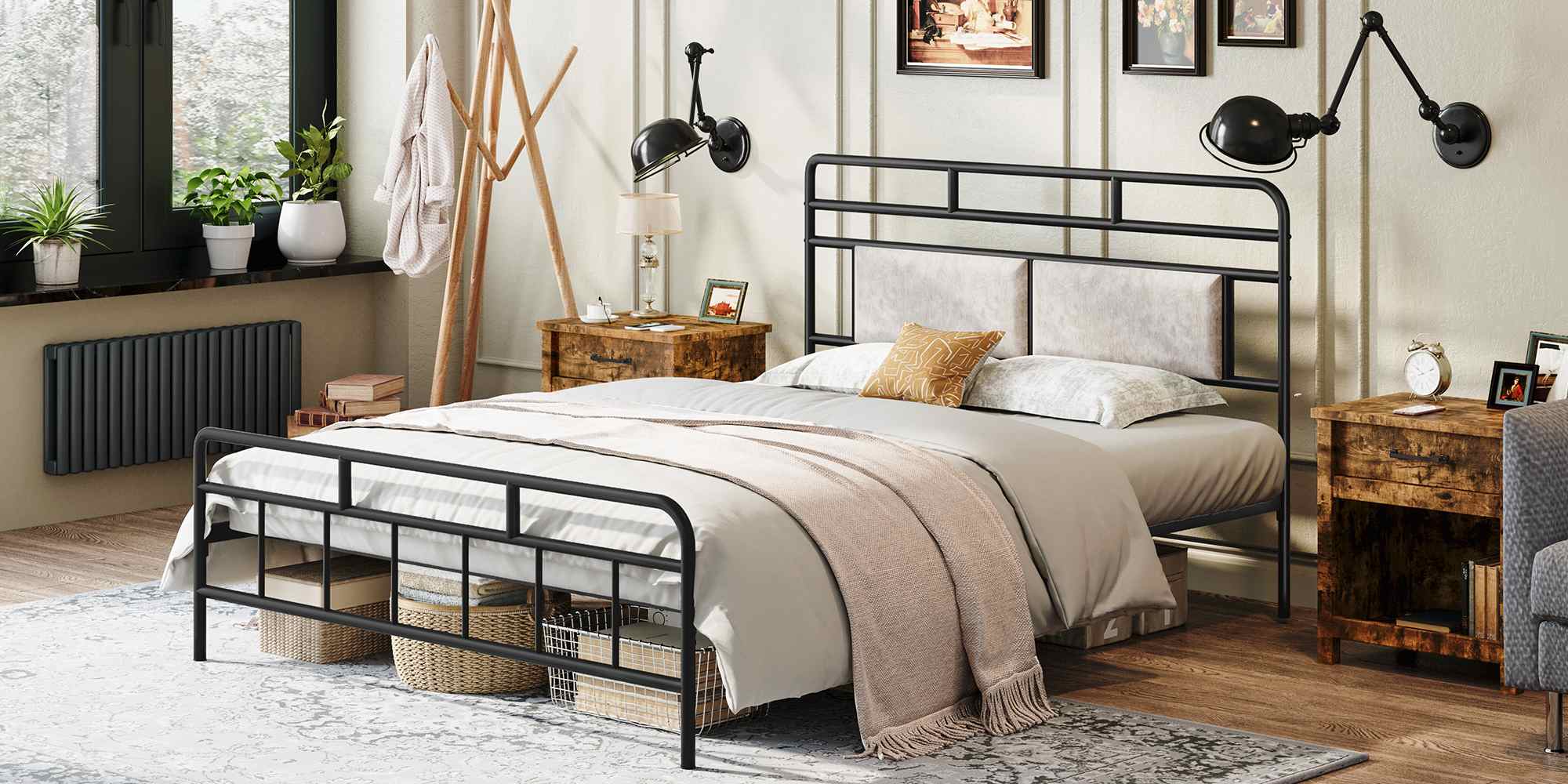 Full Size Heavy-Duty Black Metal Bed Frame with Upholstered Headboard, Soundless Structure, Δεν απαιτείται ελατήριο κουτιού