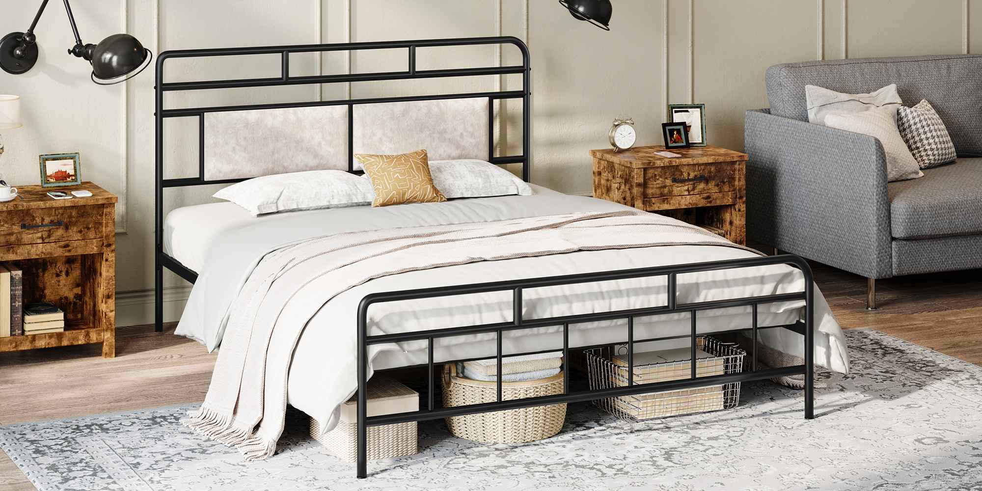 Full Size Heavy-Duty Black Metal Bed Frame with Upholstered Headboard, Soundless Structure, Δεν απαιτείται ελατήριο κουτιού