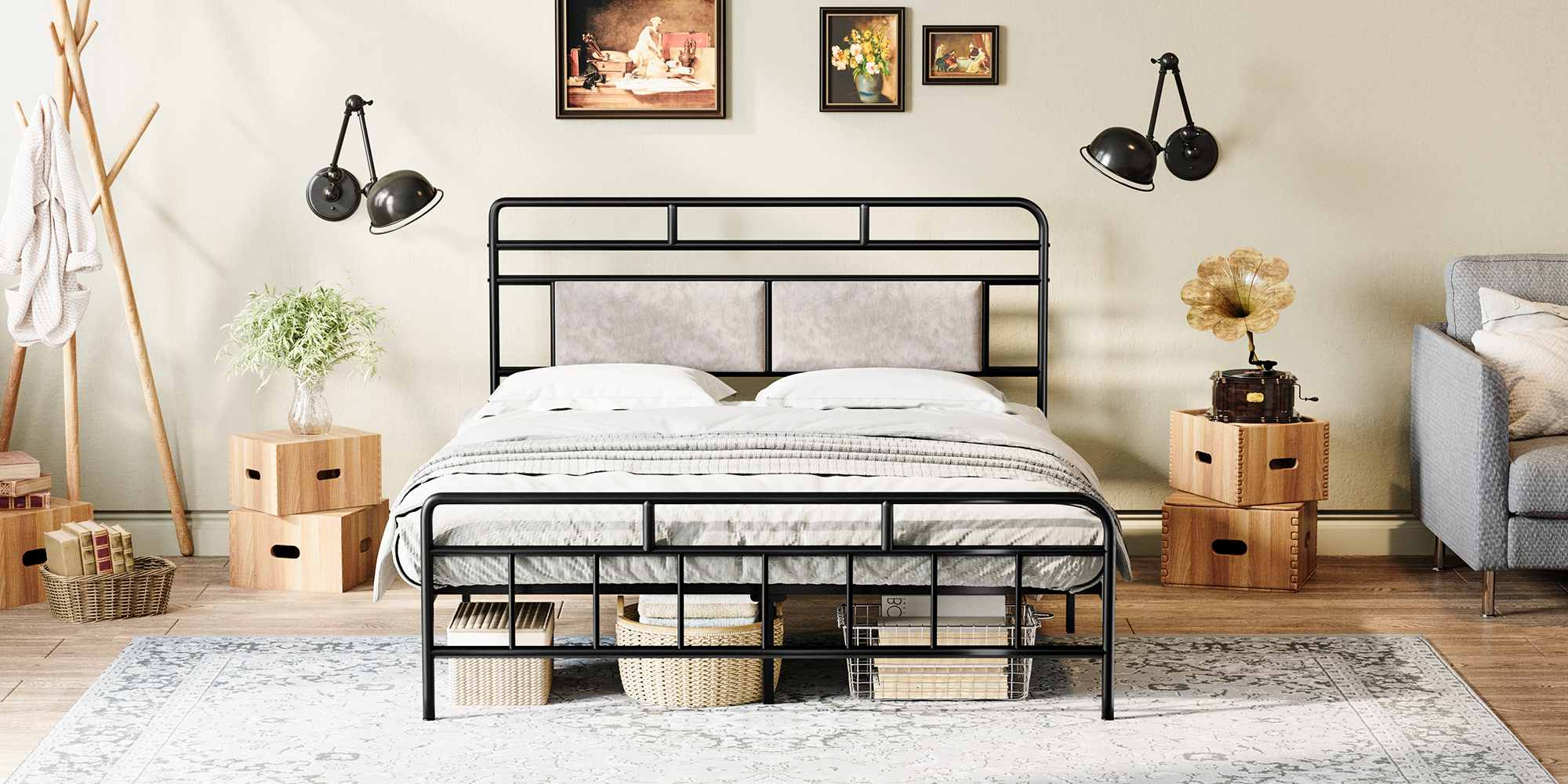 Queen Size Heavy-Duty Metal Bed Frame with Upholstered Headboard, Soundless Structure, Δεν απαιτείται ελατήριο κουτιού
