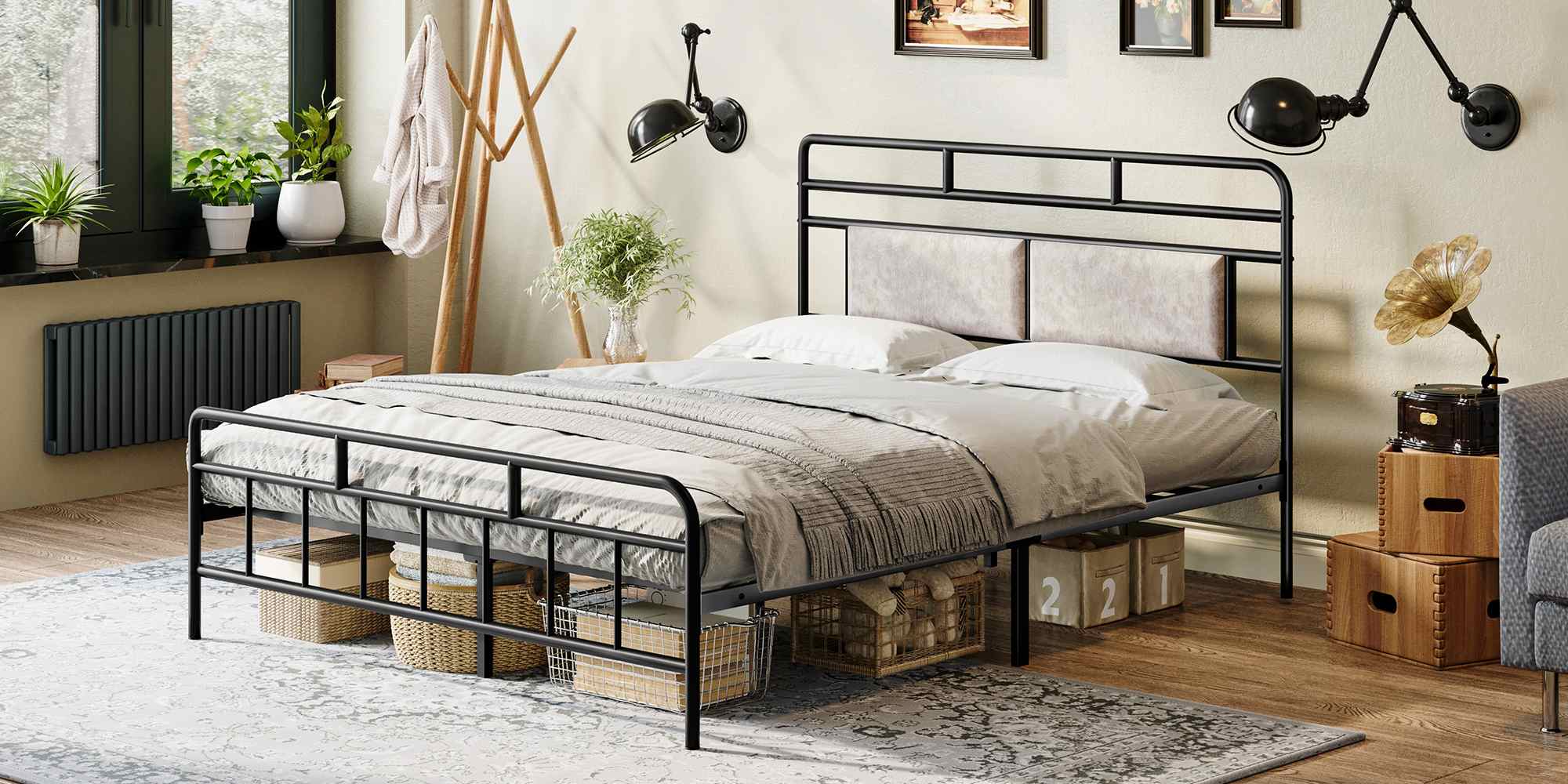 Queen Size Heavy-Duty Metal Bed Frame with Upholstered Headboard, Soundless Structure, Δεν απαιτείται ελατήριο κουτιού