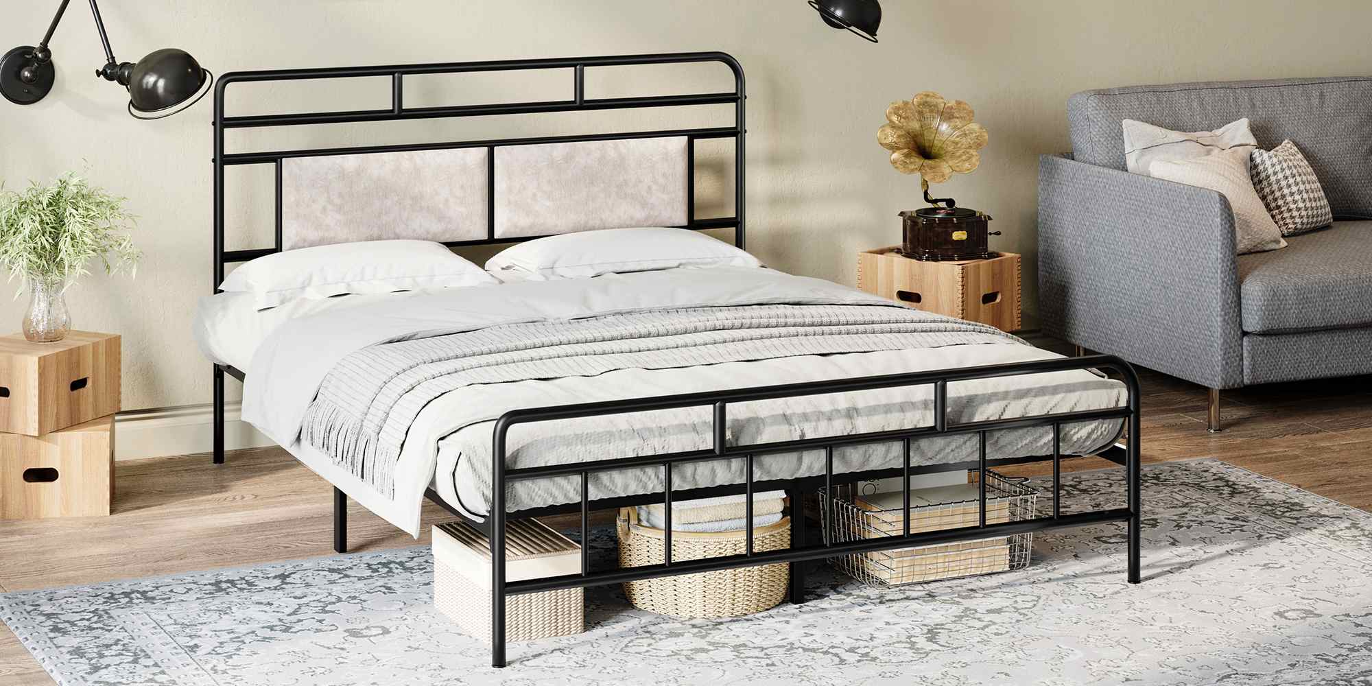 Queen Size Heavy-Duty Metal Bed Frame with Upholstered Headboard, Soundless Structure, Δεν απαιτείται ελατήριο κουτιού