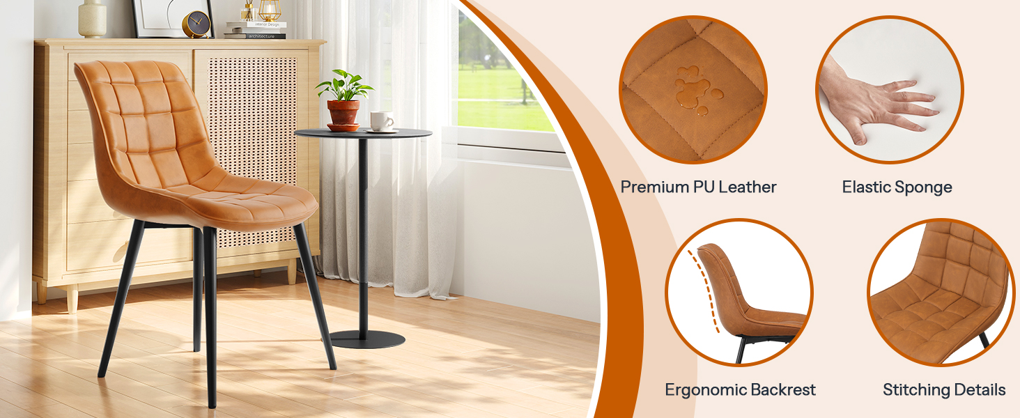 Hnědé jídelní židle sady 2, Čalouněné židle jídelny, Moderní umělé kožené kuchyňské židle pro obývací pokoj, Jídelna, Kuchyně, Studie