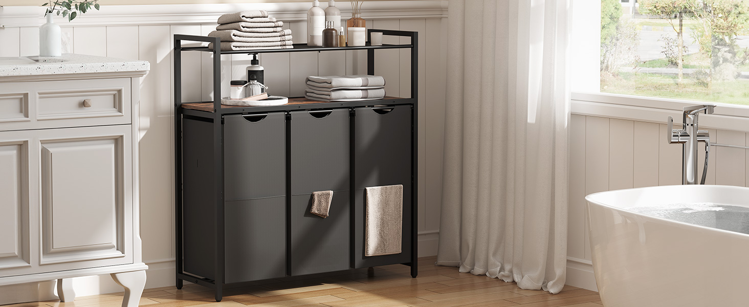 Vaskeri hæmmer med hylde, 3 10.5 Gal (39.8l), Vaskeri kurv, Tøjvaskesorterer med 3 Pull-out og aftagelige poser, badeværelse, vaskerum, rustik brun og