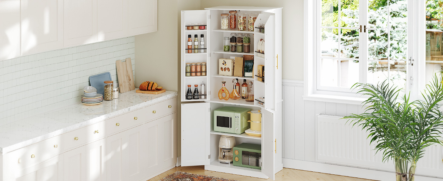 Comh -aireachta stórála pantraí cistine, 70" cófra ard, le doirse sciobóil agus seilfeanna inchoigeartaithe, 6 seilfeanna crochta don seomra bia, seomra suí, bán