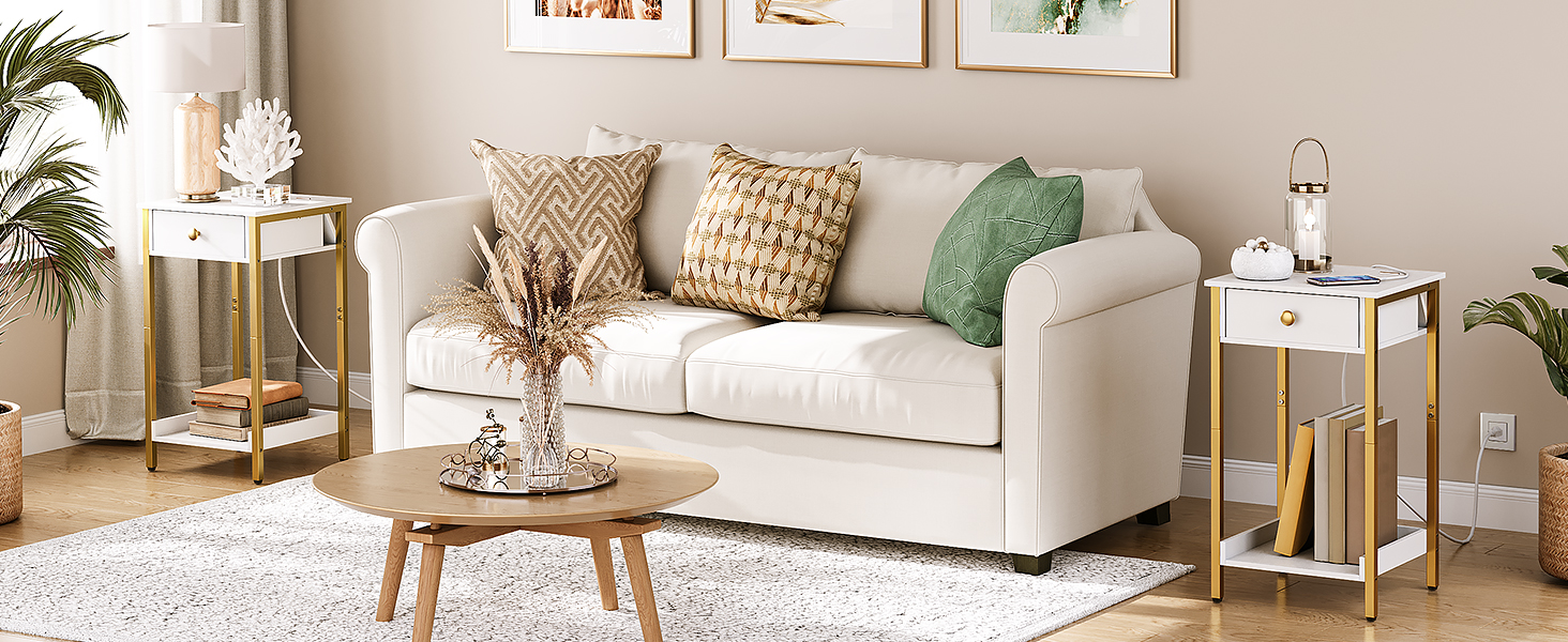 nightstand with charging station, tall side table, end table with drawer and storage shelf, industrial end telephone table, for study, bedroom, space saving, white and gold