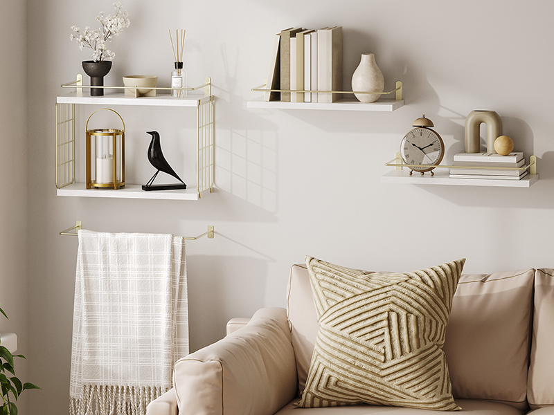 4+1 Laag drijvende planken, badkamerplanken over toilet met draadopslagmand, Muur gemonteerd zwevende plank voor wanddecoratie, muurplank voor slaapkamer woonkamer keuken wit en goud