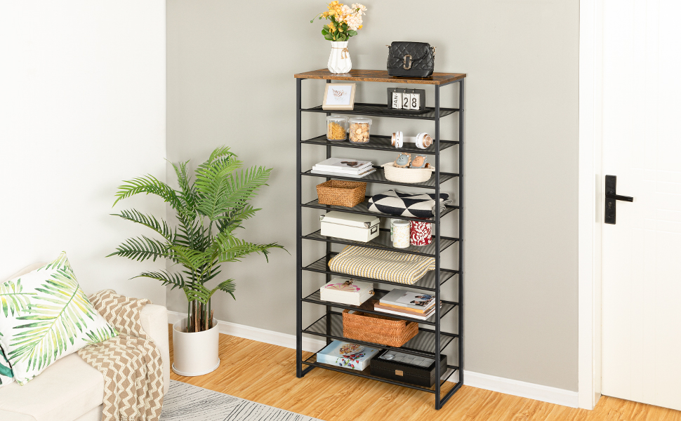 10-scarpiera a livelli, scaffale dell'organizzatore di scarpe di grande capacità, Unità di conservazione delle scarpe per 27-36 paio di scarpe, per l'ingresso, corridoio, guardaroba, stanza del dormitorio, industriale, marrone rustico