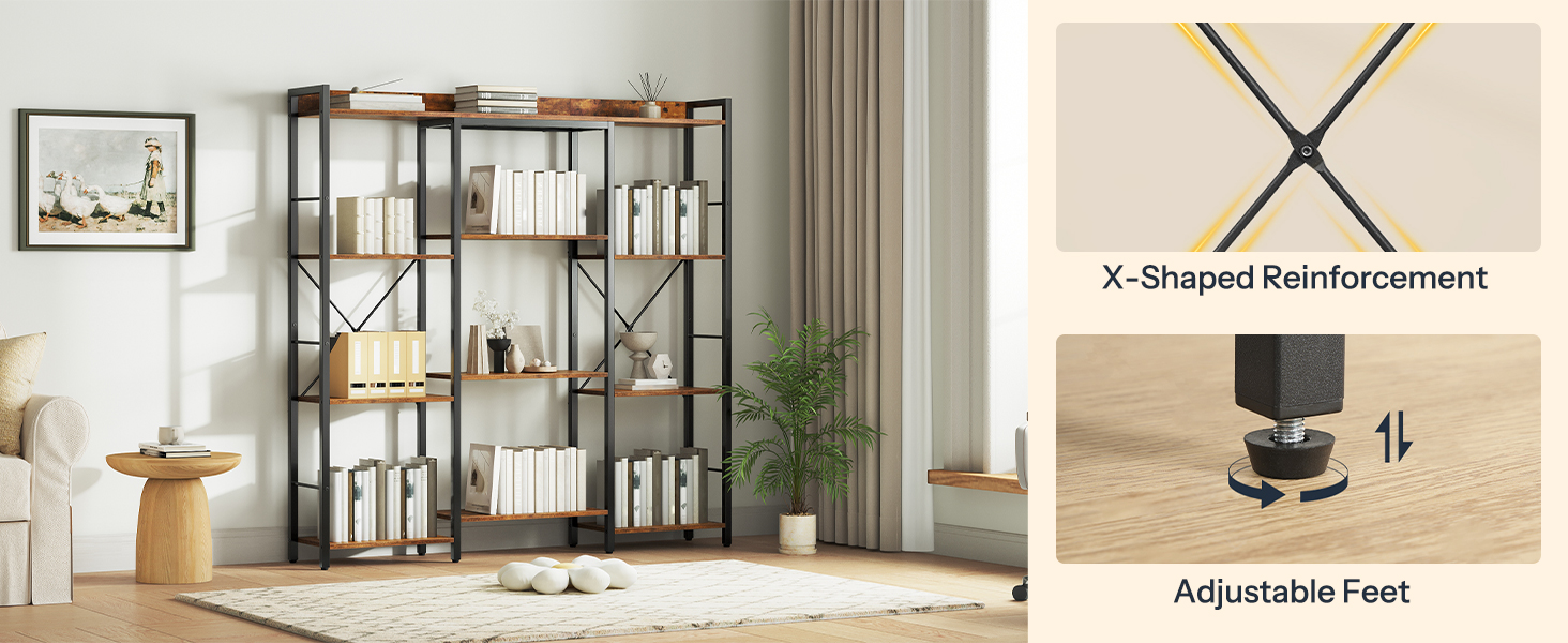 Triple Column 4-Tier Bookshelf, Open Storage Display Rack