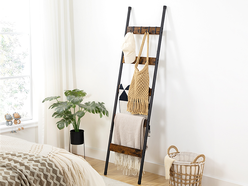 Scala coperta, 5-Portasciugamani da appoggio a più livelli con ganci, Porta coperte da parete, Mensola decorativa per scaletta espositiva, Sciarpe, Industriale, Soggiorno, Camera da letto, Rustico marrone e nero