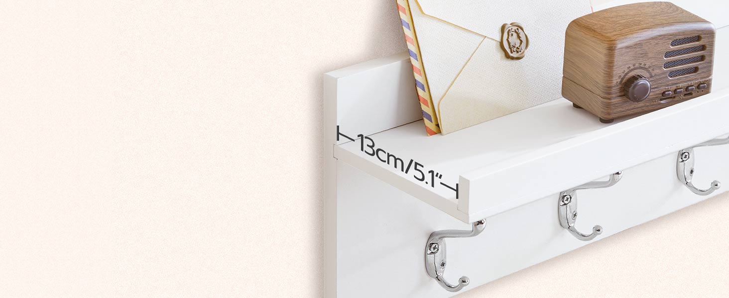 raca cóta balla le seilf, raca cóta halla le 5 crúcaí, seilf balla le fál, 70 x 15 x 20 cm, bambú, Chun halla, seomra codlata, seomra suí, leithreas, bán