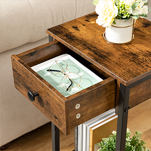 1 Tábla cois leapa tarraiceán, Seastán oíche ard, Tábla deiridh le drawer agus seilf stórála, Tábla Teileafóin Deireadh Tionscail, chun staidéar a dhéanamh, Seomra leapa, Spás a shábháil, Rustic donn agus dubh