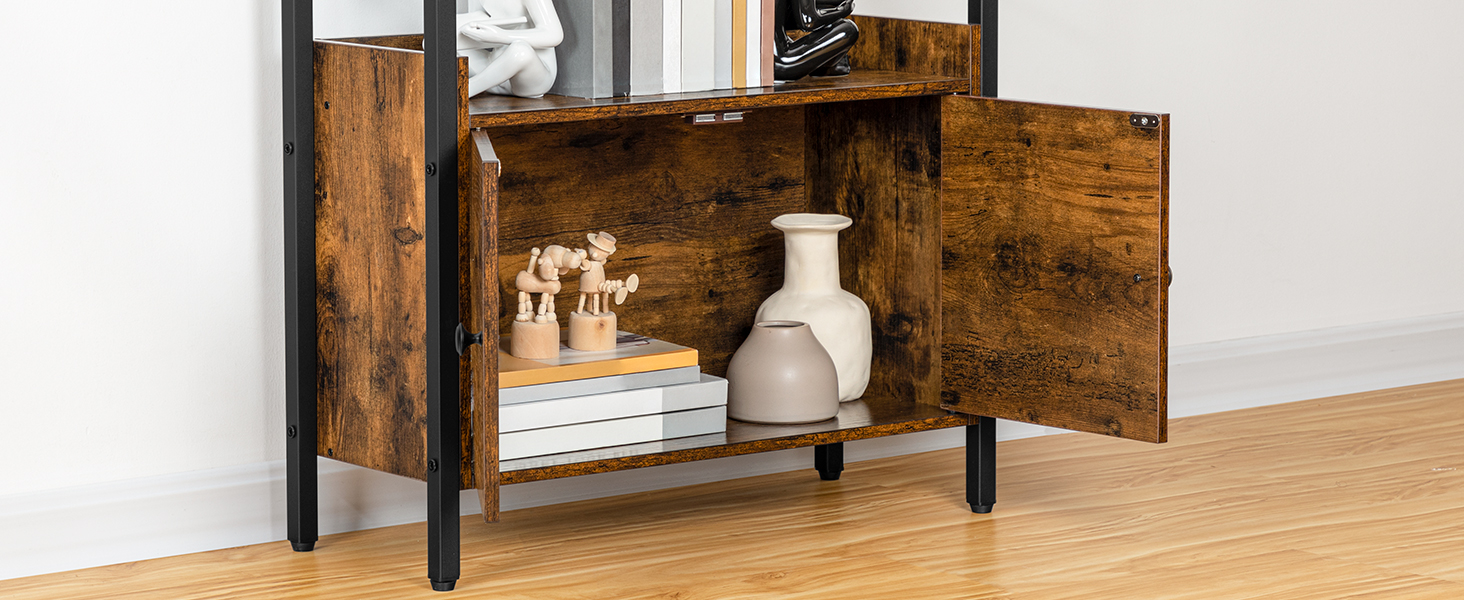 4-Βιβλιοθήκη με πόρτες, Βιομηχανική ξύλινη βιβλιοθήκη με αποθήκευση, ράφι αποθήκευσης με προστατευτικές ράγες, για σαλόνι, γραφείο στο σπίτι, ρουστίκ καφέ και μαύρο