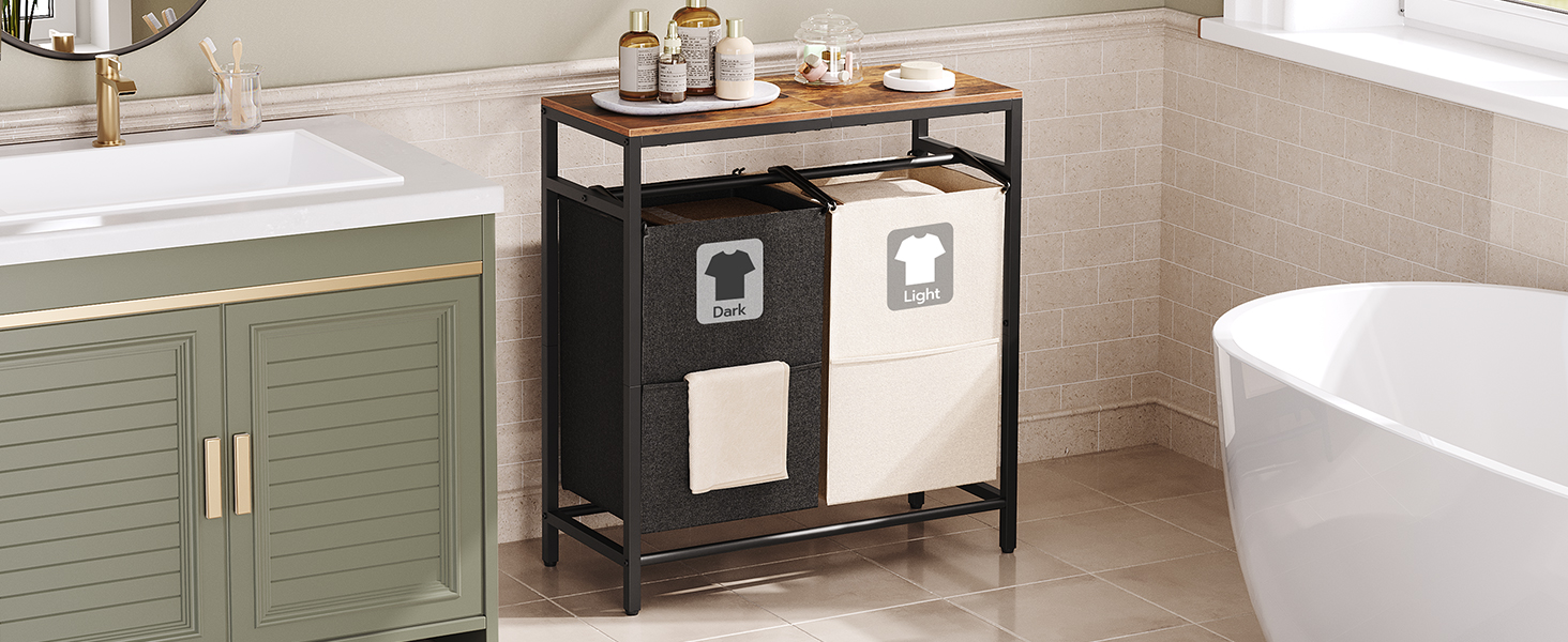 prekážať, 26 gal (99l), košík na práčovňu, triedič bielizne 2 sekcia, 2 x tote vrecká na bielizeň, 27.6"l x 11.8"w x 32.3"h, práčovňa, kúpeľňa, spálňa, rustikálny hnedý a čierny