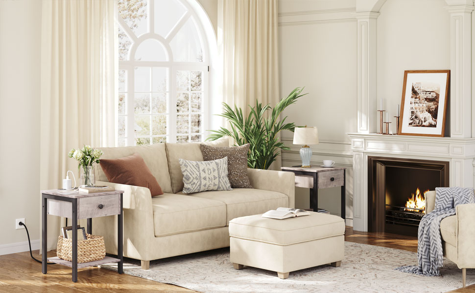 Natbord med ladestation, Sluttabel med opbevaringsskuffe, Sidebord med åben hylde, Sengbord med USB -porte og forretninger, Natstativ til soveværelse Greige og sort