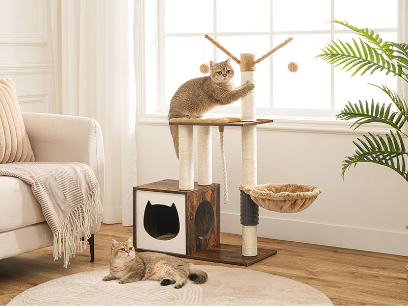 crann cat, túr cat do chait faoi dhíon, Teach cat adhmaid le poist scríobadh cat, condo cat, cat hammock, barr péirse, cúisín inbhainte inbhainte, cat féin groomer, donn tuaithe