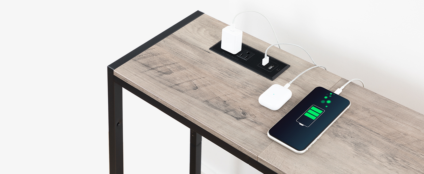 Stół sof, 43.7" Stolik konsolowy z portami USB, Za stołem kanapowym, Stół wejściowy do salonu, Wejście, Foyer, Metalowa rama, Regulowane stopy, grecki