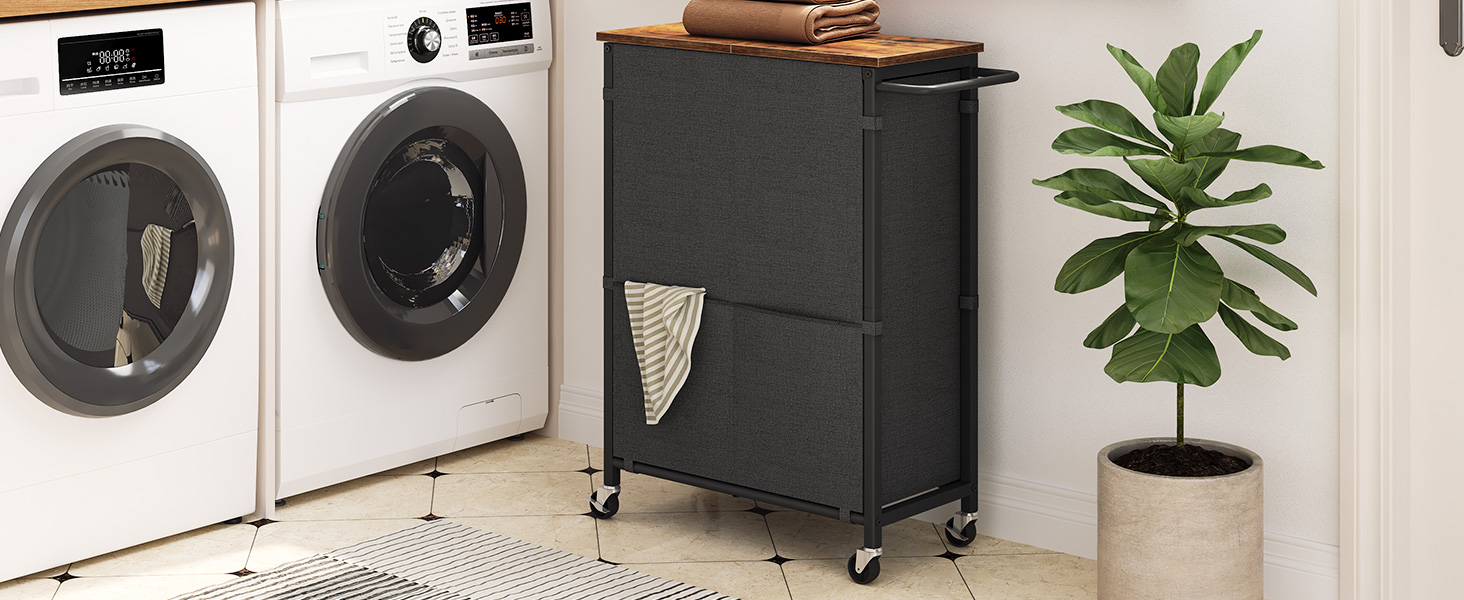 laundry basket with lid, 26.4 gal (100 l) laundry hamper with wheels, laundry sorter 2 section, removable bag for bathroom, bedroom, dorm, laundry room, rustic brown and black