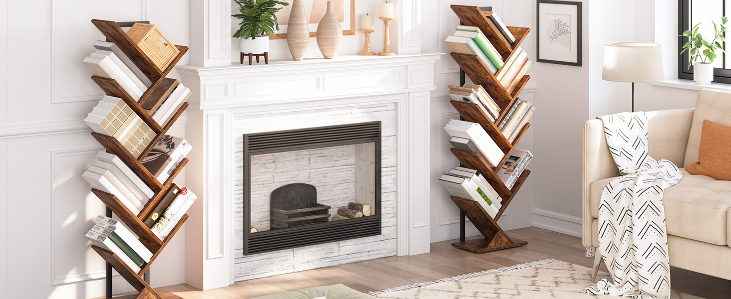 bibliothèque en forme d'arbre, 9-étagères en bois de bibliothèque de niveau, Rack de rangement debout au sol, pour l'affichage des CD, Livres dans le salon, bureau à domicile, Rack de rangement en bois pour chambre à coucher, marron rustique