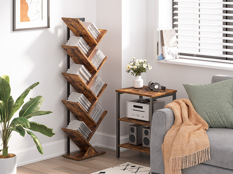bibliothèque en forme d'arbre, 9-étagères en bois de bibliothèque de niveau, Rack de rangement debout au sol, pour l'affichage des CD, Livres dans le salon, bureau à domicile, Rack de rangement en bois pour chambre à coucher, marron rustique