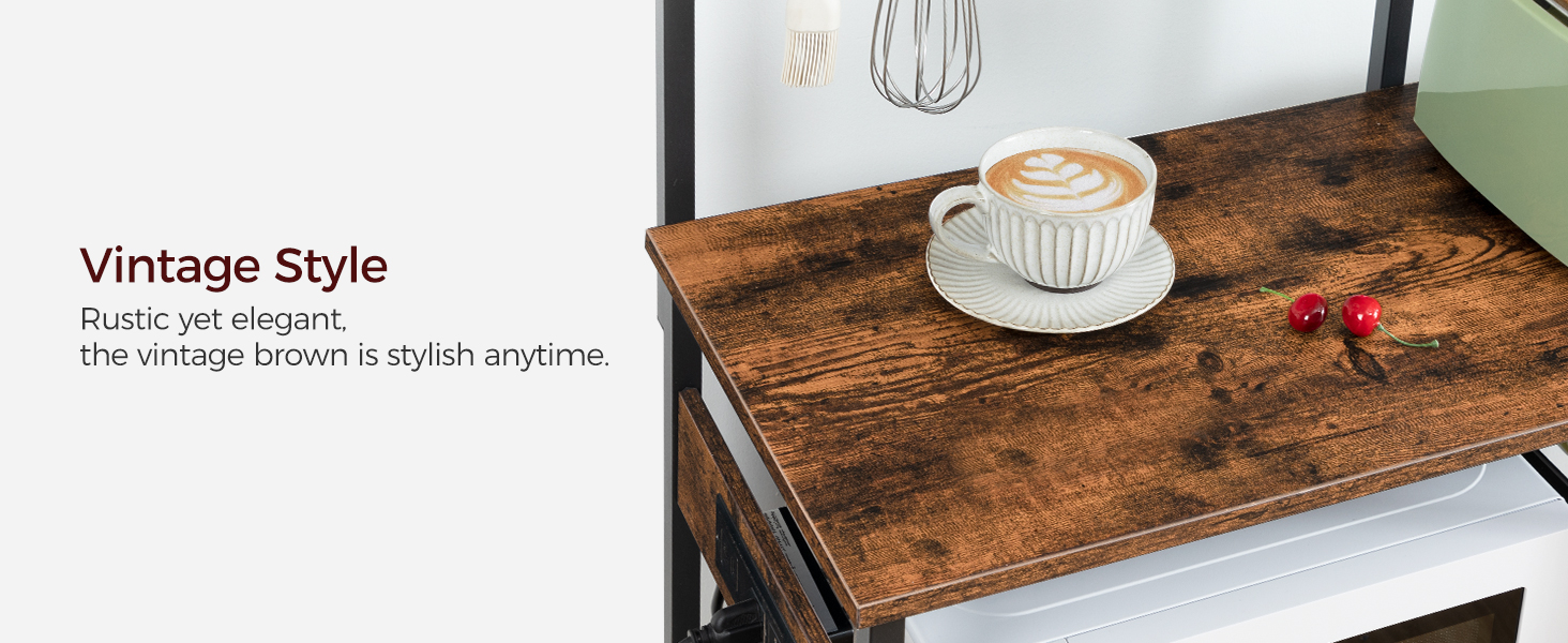 пекарські стійки з розеткою, Мікрохвильова підставка, промисловий кавовий бар з дротяним кошиком, Кухонна стійка для зберігання з 6 s-подібні гачки, для спецій, каструлі та сковорідки, сільський коричневий