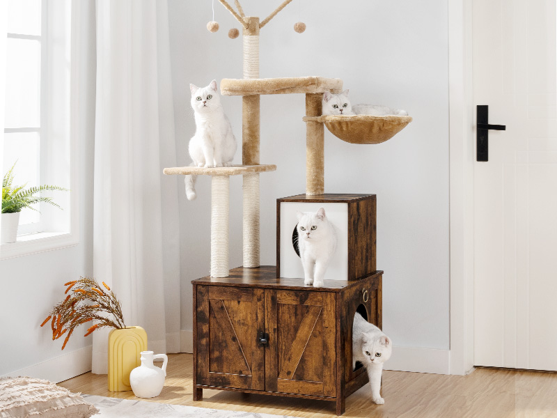 wooden cat house with cat tree tower