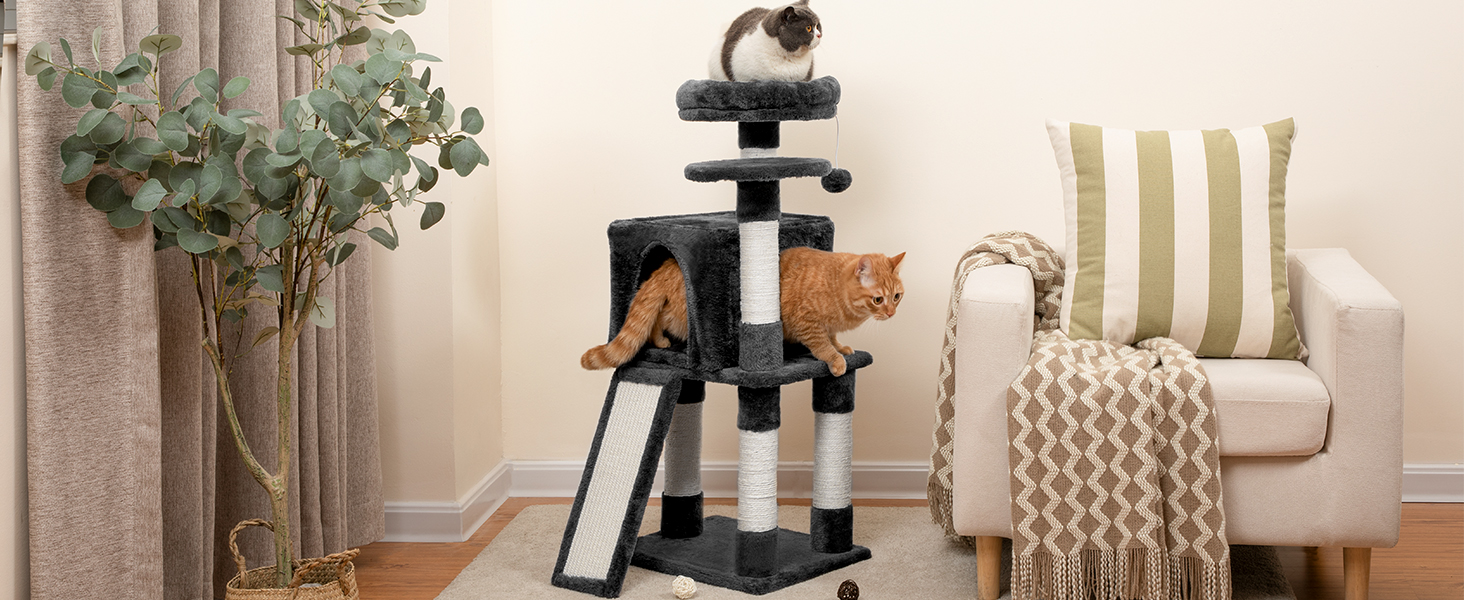 Cat Baum, Kleng Kaz Tower mat mëllen Plush Perch, Fir Indoor Kitten, 34.6-Zoll 3-Tier Cat Condo Miwwel mat Scratching Posts, Mat Anti-Tipps, Staark