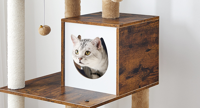 Kattetre, 58.3 Tommer kattetårn for innendørs katter, Tre katt hus med 2 Katt hengekøyer, Moderne katteleilighet med katteskrapende innlegg, Cat Teaser Sticks, Myke abbor, Rustikk brun