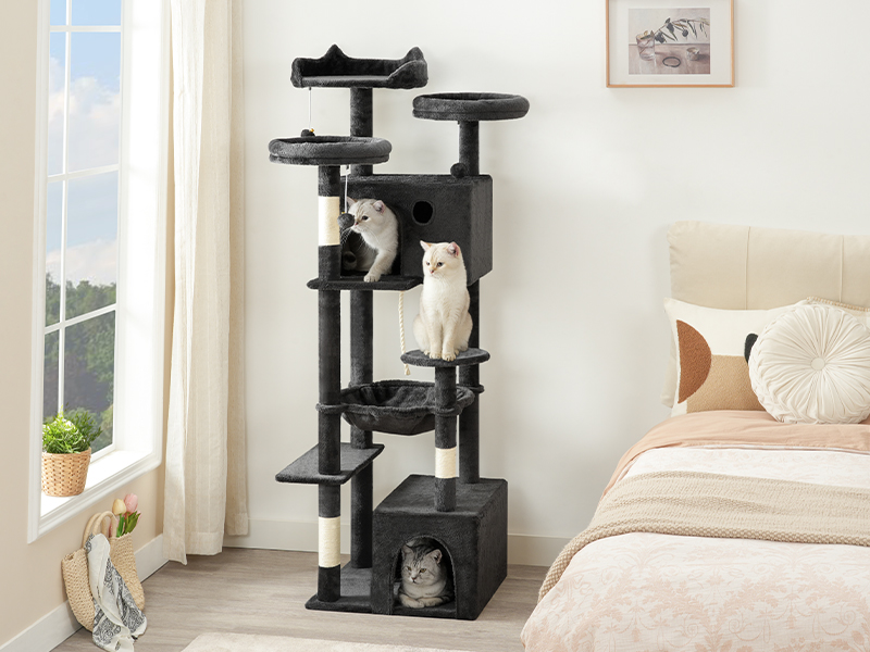 Kočičí strom pro vnitřní kočky, Velká kočičí věž, Víceúrovňový kočičí strom s velkou houpací síť, Kočičí dům s 3 Polstrované hřiště, Kočičí byt s 3 Poškrábání koček, Tmavě šedá