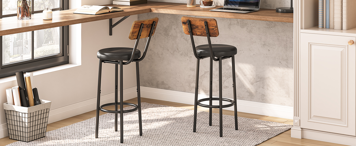 Bancos de bar, Conjunto de bancos de bar 2 com pu estofado, Cadeiras de bar com apoio de pé e costas, 26" Bancos de bar para ilha de cozinha, Sala de jantar, Fácil de montar, Rústico Marrom e Preto