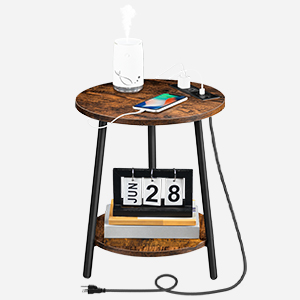 Rundt slutbord med opladningsstation, 2-Niveau lille sidebord, Circle Accent Table til stue, Soveværelse, Rustik brun