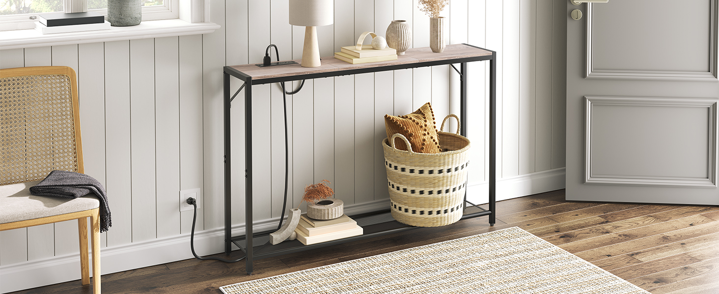 Stół sof, 43.7" Stolik konsolowy z portami USB, Za stołem kanapowym, Stół wejściowy do salonu, Wejście, Foyer, Metalowa rama, Regulowane stopy, grecki