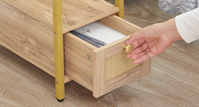 Stolik końcowy ze stacją ładującą, Wąski stolik boczny z szufladą i portami USB & Gniazdka elektryczne, Stoliki nocne z szafką nocną do małych pomieszczeń, Sypialnia, Salon, Biały dąb i złoto