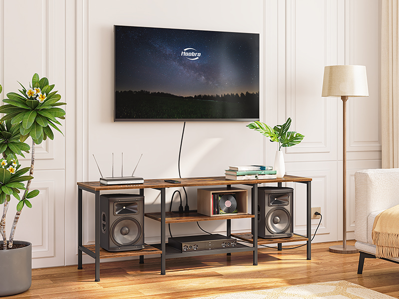 TV Stand mam Mount a Kraaft Outlet 55.1", Ënnerhalung Zentrum mam Swivel TV Montage fir Fernseh bis zu 65", TV Stand Mount mat Späicherregelen fir Wunnzëmmer, Schlofkummer, rustikal brong