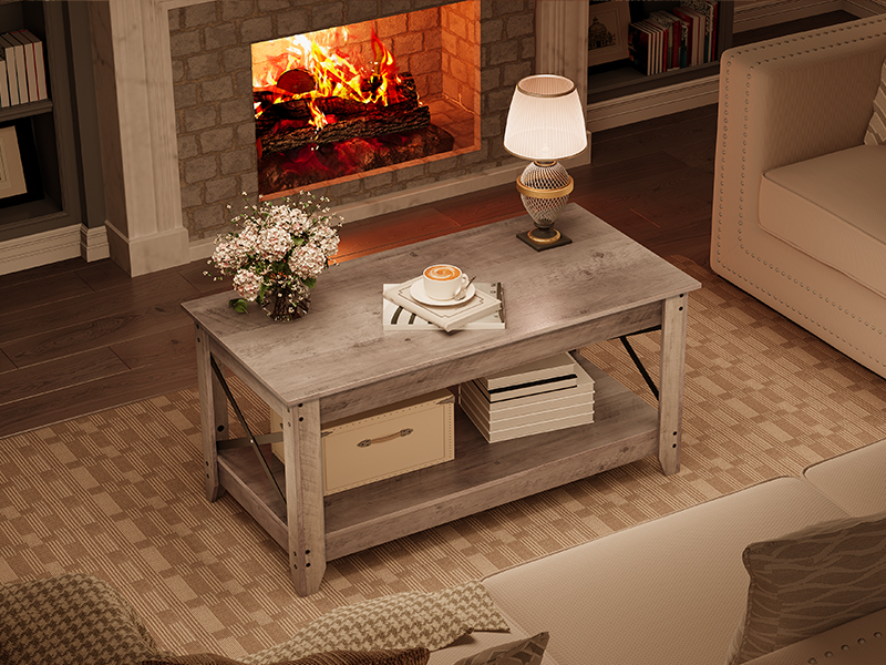 mesa de café, Mesa de café da Farmhouse para sala de estar, 2-mesa central de camada com prateleira de armazenamento, X Design Metal Side Frame, montagem fácil, para apartamento, Sala de recepção, cinza