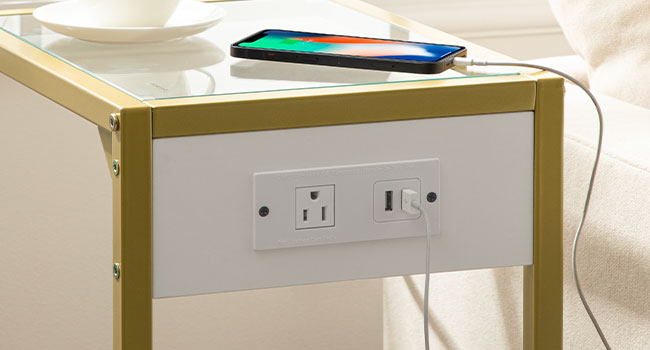 c shaped end table with charging station, tempered glass table couch table with metal frame, snack side table for small space, living room, bedroom, tv tray table, gold