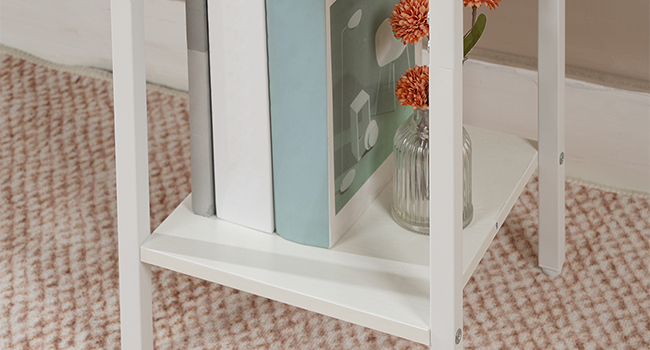 small bedside table with metal frame, open shelf