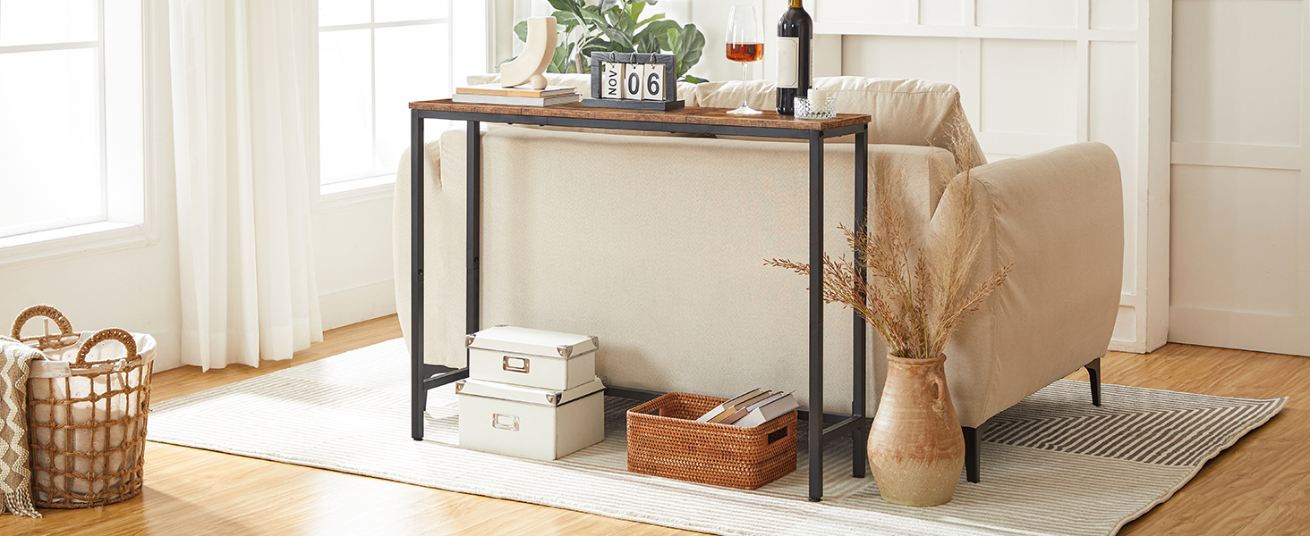 Konsolentabelle mit Stromversorgungsstellen, Schlanker Konsolentisch mit Ladestation, Flurtisch, Schmaler Sofa -Tisch für kleine Räume, Flur, Eingang, Wohnzimmer, rustikalbraun und schwarz