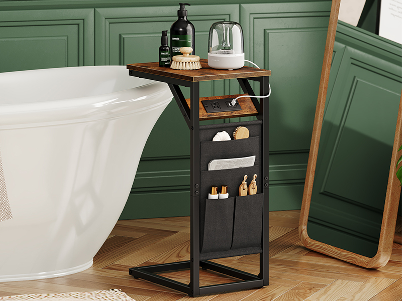Table de bout en forme de C avec station de recharge, Table d'appoint de canapé avec sac de rangement, Table d'appoint Snack pour petits espaces, Armature en métal, pour le salon, Chambre à coucher, Brun rustique et noir