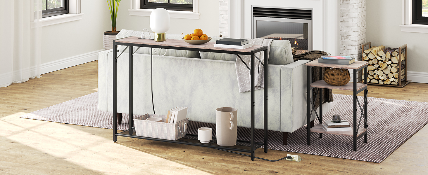 Stół sof, 43.7" Stolik konsolowy z portami USB, Za stołem kanapowym, Stół wejściowy do salonu, Wejście, Foyer, Metalowa rama, Regulowane stopy, grecki