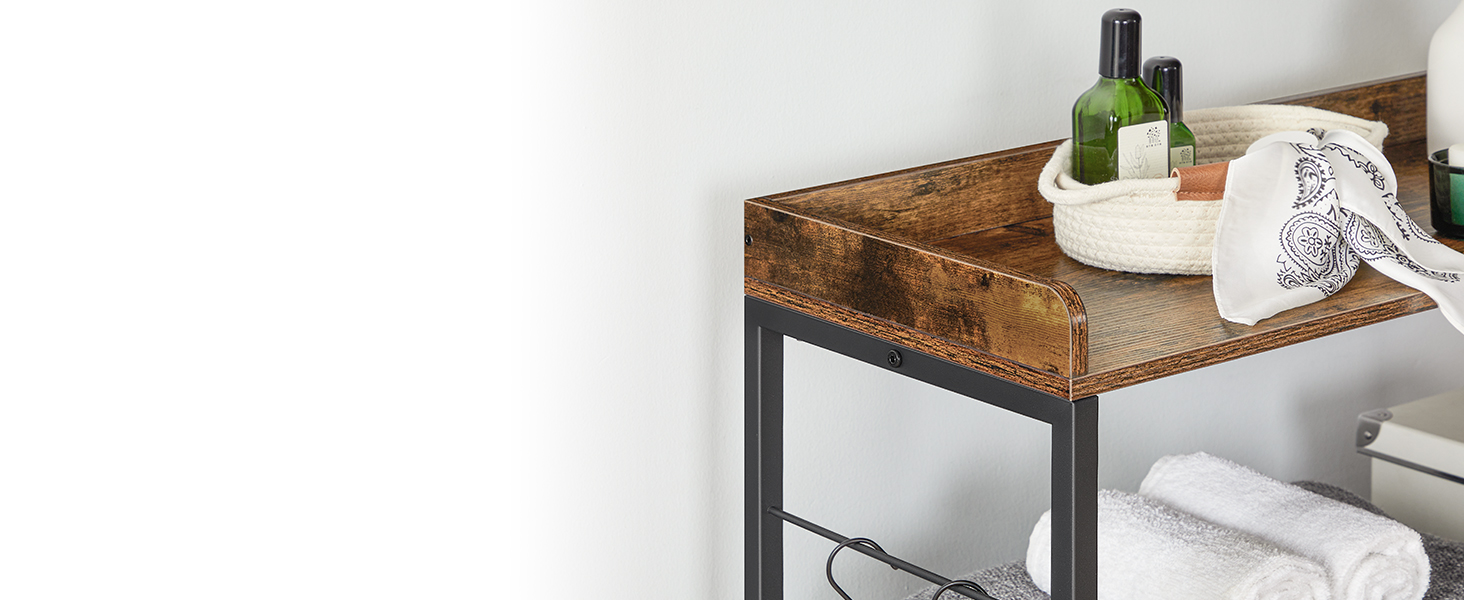 wasmand, wasmand met haken, wassator met 2 uittrekbare en verwijderbare tassen, 2 planken, badkamer, wasruimte, Rustiek bruin en zwart