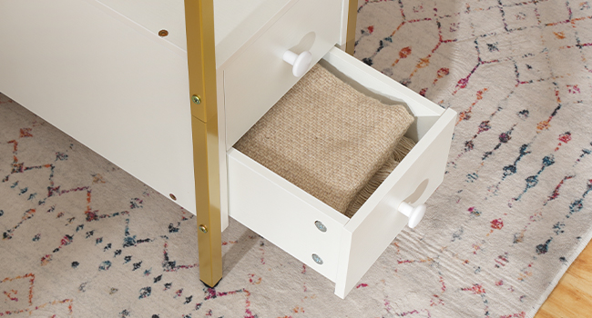 endebord med ladestation, smal sidebord med 2 skuffe & USB -porte & stikkontakter, natbord til små rum, stabil og robust, til stue, soveværelse, guld og hvid