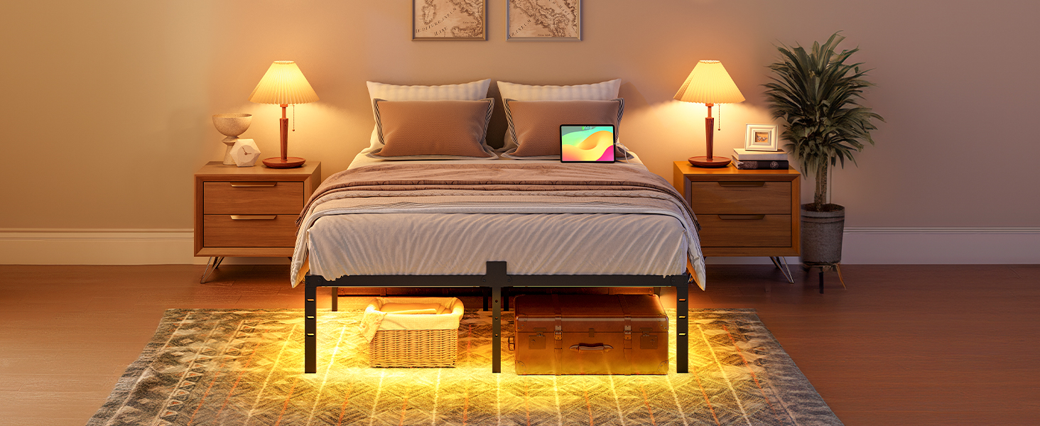 Cadre de lit complet avec des lumières LED, Cadre de lit plateforme en métal avec station de recharge, 2 Points de vente et 2 Ports USB, Cadre de lit pleine grandeur robuste, Grand espace de rangement sous le lit, Noir