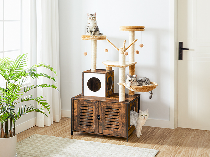wooden cat house with cat tree tower