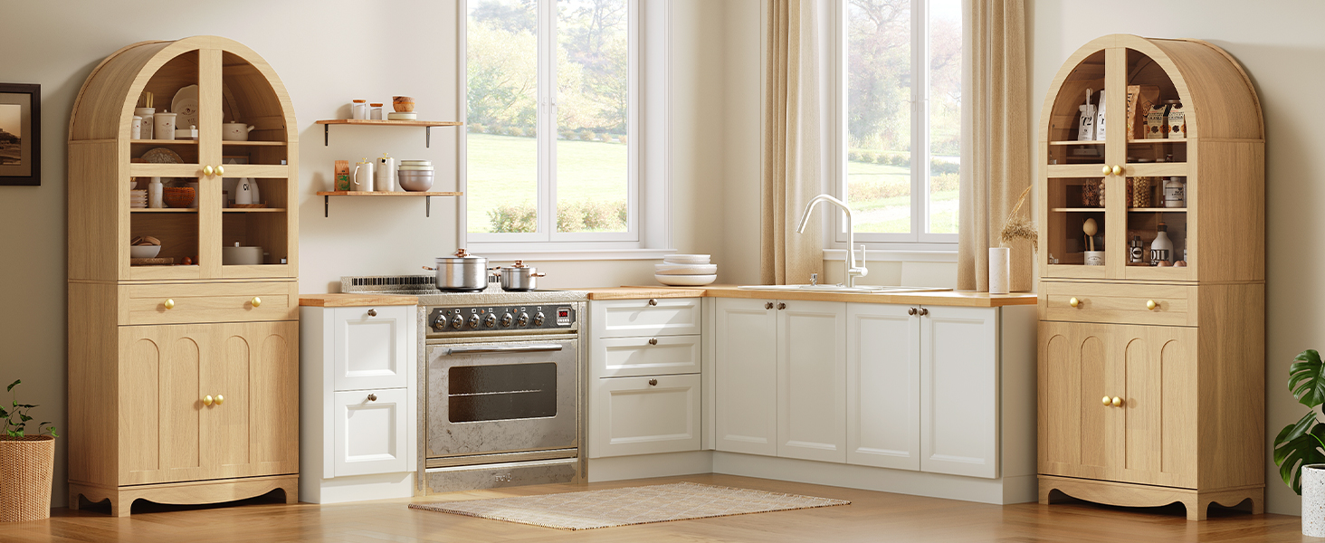 Despensa de cocina arqueada natural, Gabinete de despensa de cocina de  madera con cajón, Puerta de vidrio y estantes ajustables, Gabinete de  almacenamiento de cocina de la granja, para sala de estar,, image size:1464x600