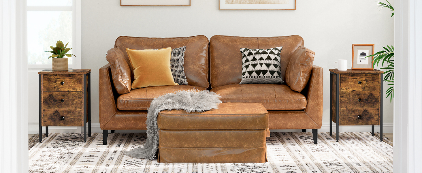 тумбочка, кінцевий таблиця з 3 Ящики та полиця для зберігання, Ретро -індустріальний стиль кінцевого столу, для вітальні, спальня, Легка збірка, сільський коричневий