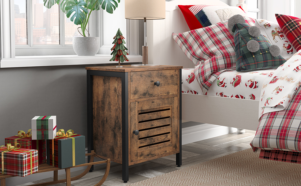 Nuetsstand, Enn Dësch mat Tirang a Späicherkabinn, Retro Industrie Bettwäsch Tabell mat schalter Dier, Fir Heem, Schlofkummer, Metal Frame, einfach Versammlung, rustikal brong